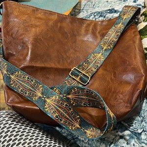Brown Leather Shoulder Bag with Patterned Strap